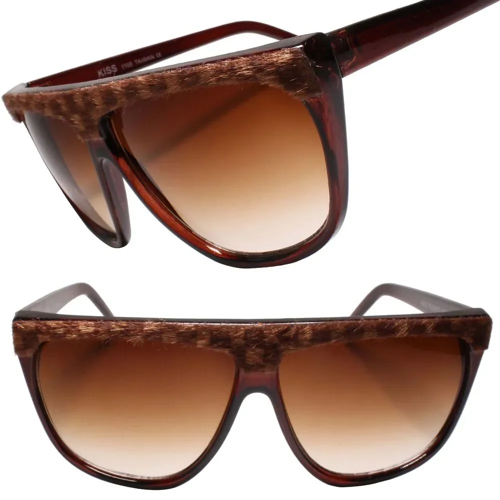 Exotic Vintage Square Sunglasses Flat Top w/ Fabric Accent Brown Fashion Shades